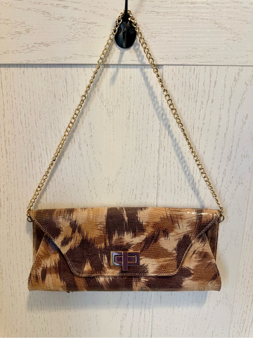 Marmi Leather Neutral Brown Patterned Envelope Clutch with Gold Chain